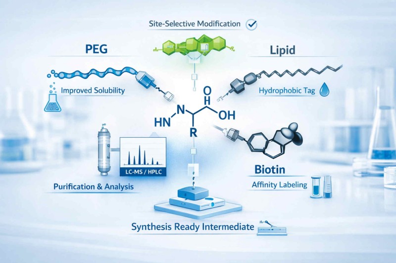 Scientific illustration of amino acid conjugation connecting an amino acid scaffold to PEG, fluorophore, lipid, and biotin handles to improve solubility, tracking, and downstream synthesis support