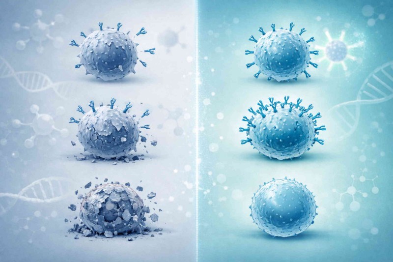Illustration of antibody-cell conjugation improving live-cell targeting, surface loading stability, and cell viability in ACC development projects