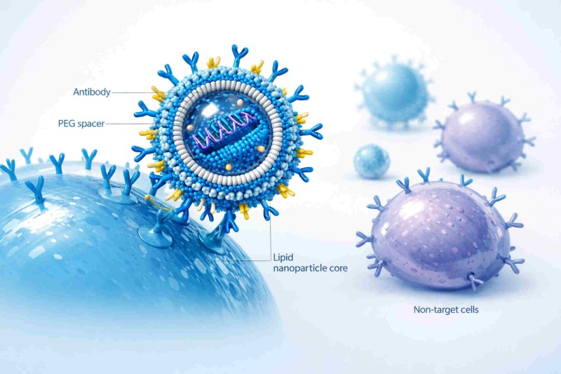 Illustration of antibody-conjugated lipid nanoparticles binding to target cell receptors while minimizing nonspecific uptake in neighboring cells