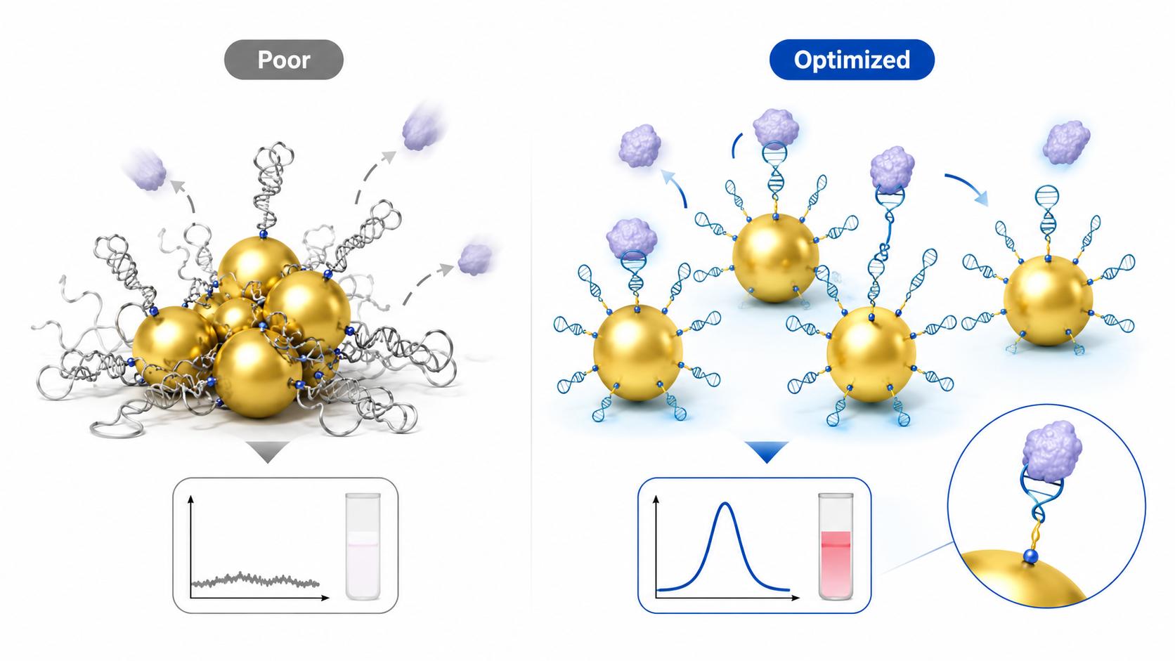 Illustration of aptamer gold nanoparticle conjugation improving probe stability, target access, and signal performance in biosensing and delivery research