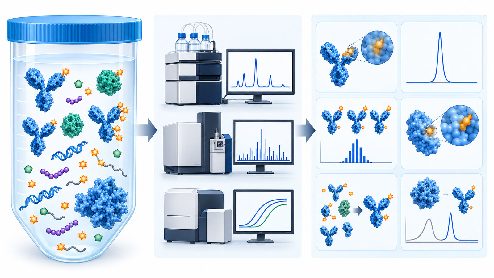 Bioconjugate characterization strategy resolving identity, loading, site occupancy, heterogeneity, free component, and aggregation