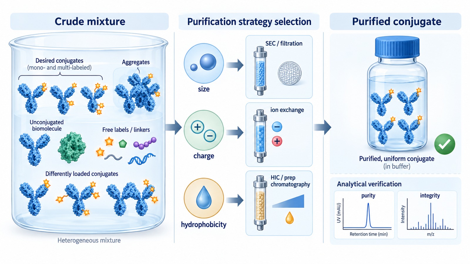 Bioconjugate purification strategy schematic showing removal of free components, aggregates, and heterogeneous conjugate fractions