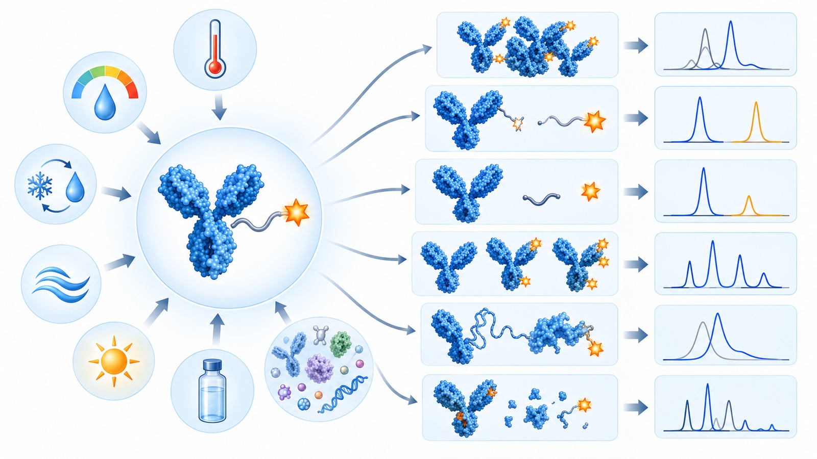 Bioconjugate stability assessment showing aggregation, linker cleavage, loading changes, molecular degradation, and environmental stress pathways