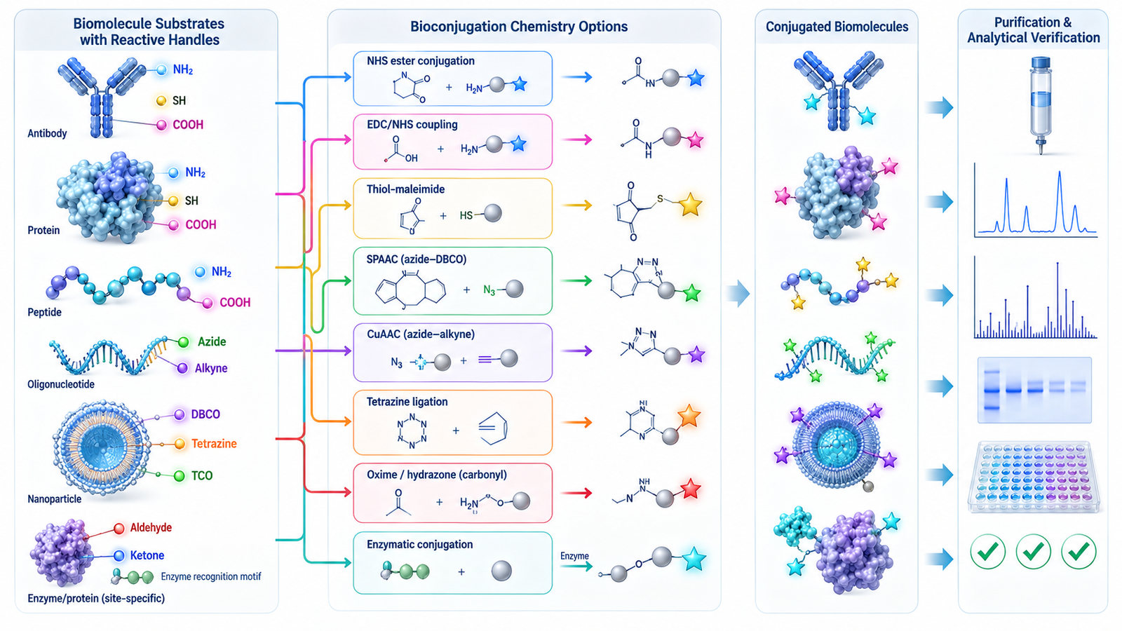 Bioconjugation chemistry selection based on reactive handles, site control, biomolecule compatibility, purification, and characterization