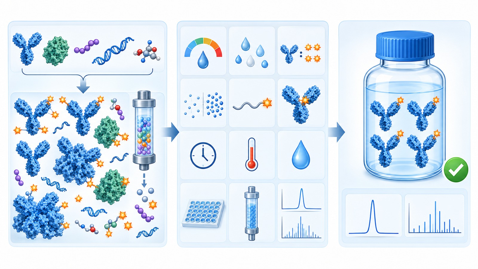 Bioconjugation method development workflow addressing low conversion, heterogeneous loading, aggregation, and purification challenges