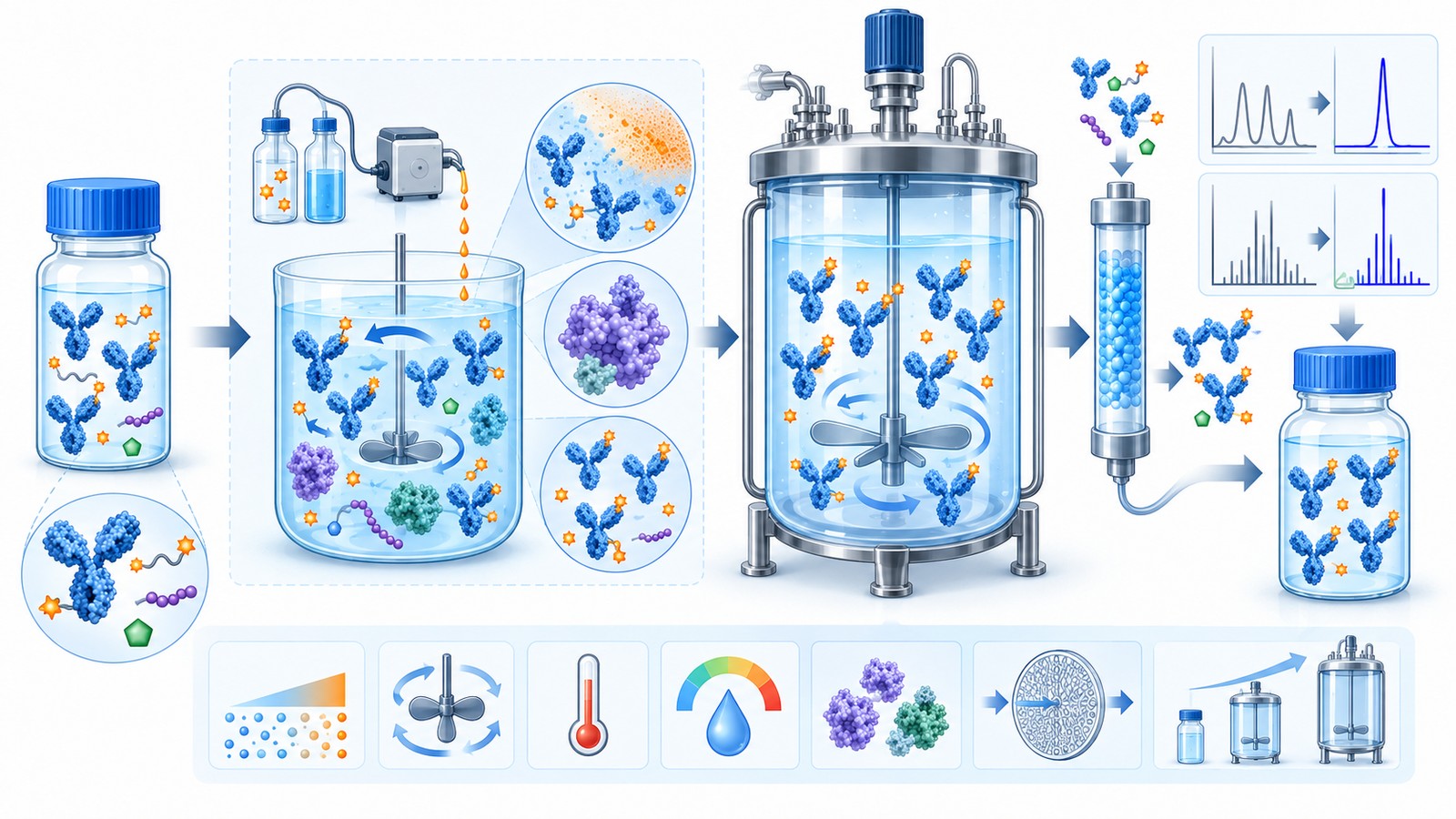 Bioconjugation scale-up diagram showing reaction mixing, aggregation control, purification load, and analytical comparison from small to larger batch scale