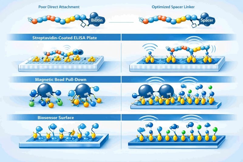 Illustration of biotin labeled peptides improving immobilization, accessibility, and signal in streptavidin-based ELISA, pull-down, and biosensor assays