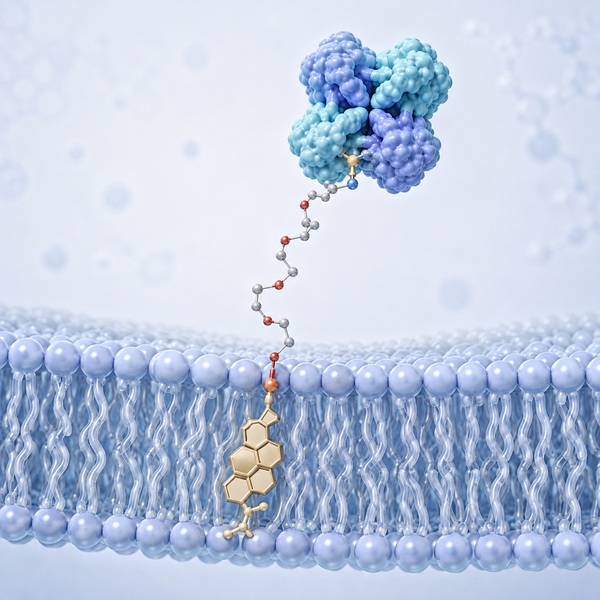 Illustration of biotinylated cholesterol molecules embedded in a lipid bilayer with PEG-spaced biotin presented outward for streptavidin capture