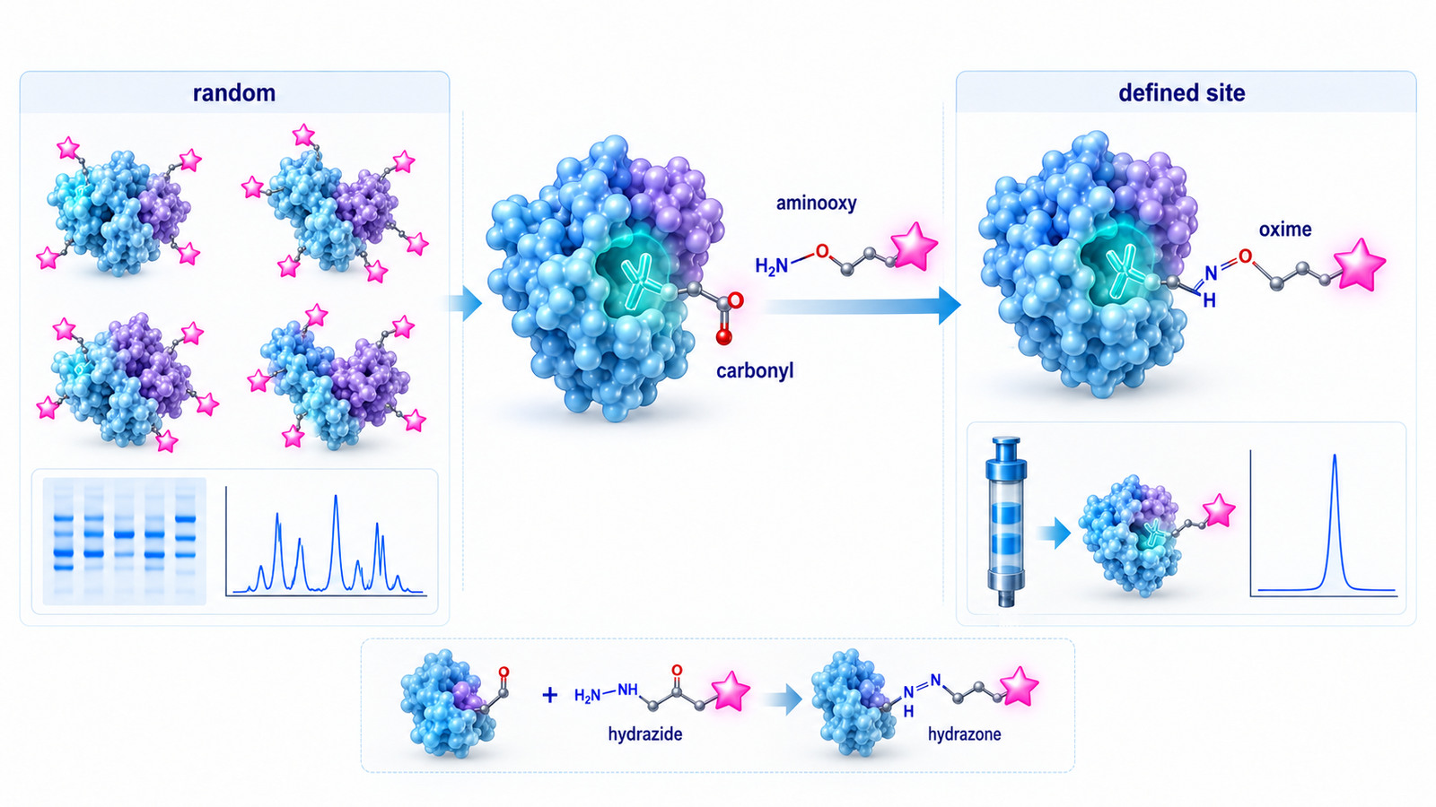 Carbonyl-selective conjugation showing an aldehyde or ketone handle reacting with an aminooxy or hydrazide reagent to form a defined oxime or hydrazone conjugate