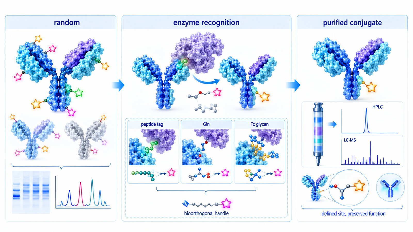 Enzymatic bioconjugation workflow showing enzyme recognition of a defined protein site followed by controlled payload attachment and purification