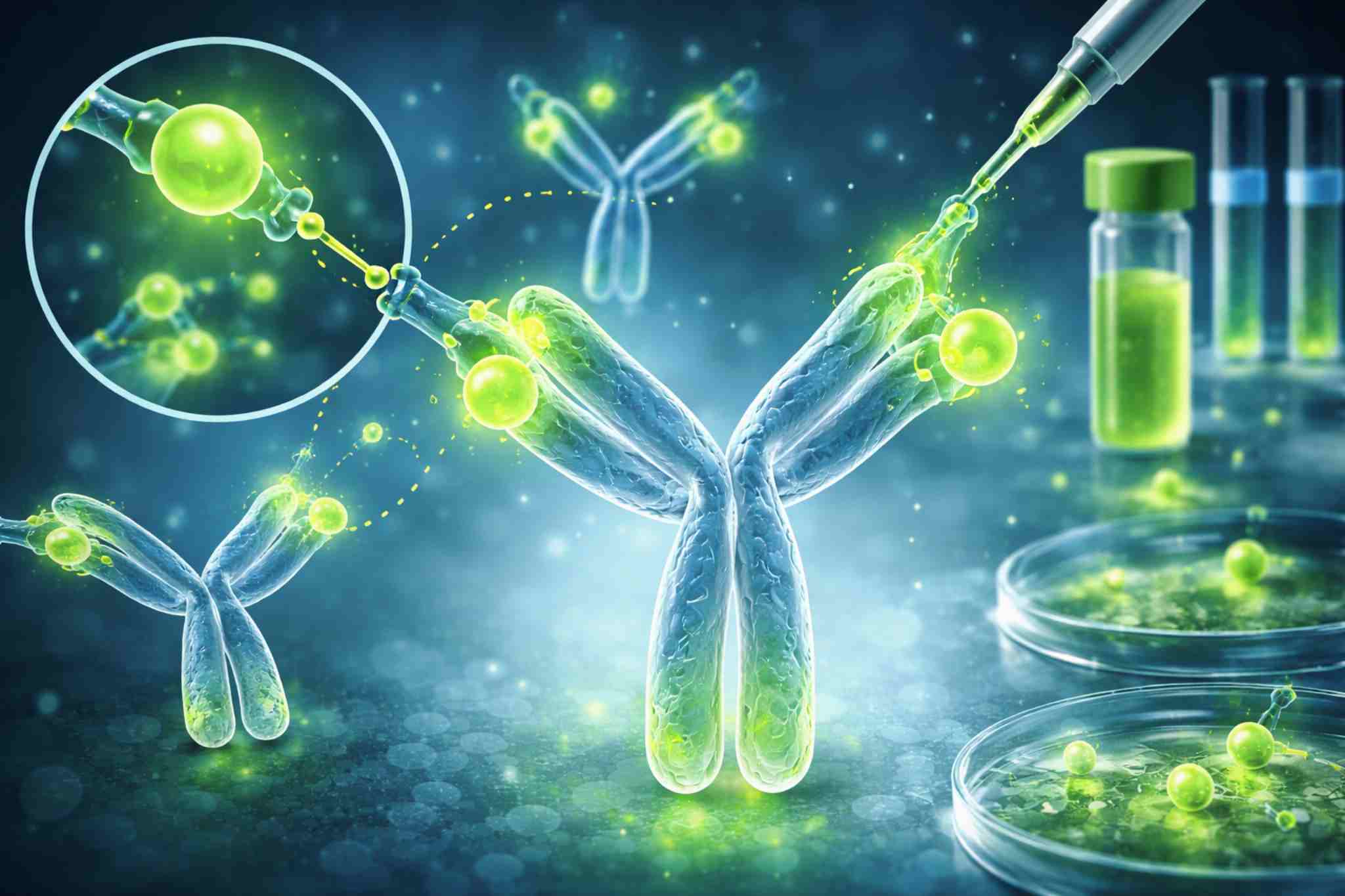 3D scientific illustration of FITC molecules conjugated to antibodies emitting green fluorescence in a laboratory setting