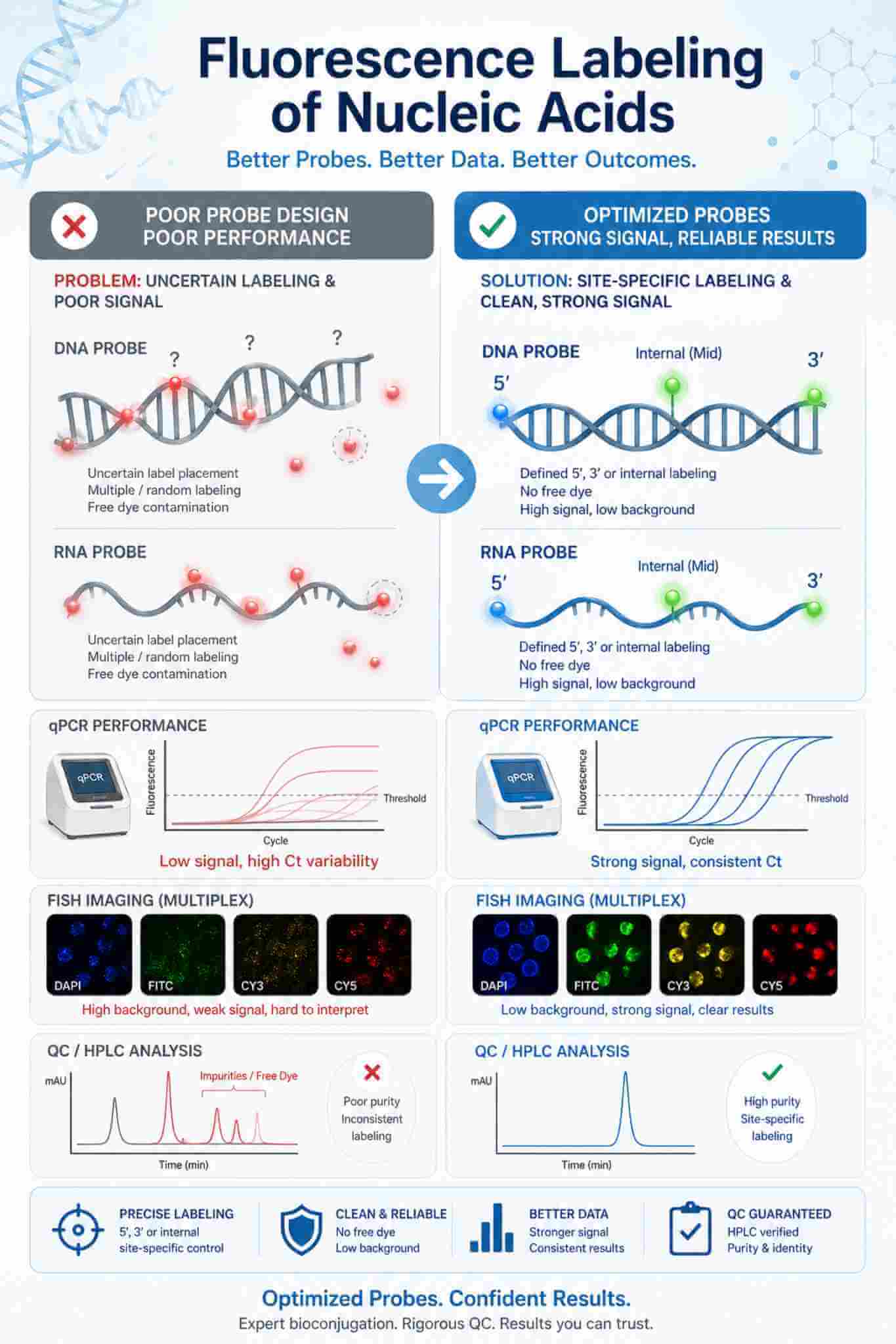 Comparison of poorly performing and optimized fluorescence-labeled DNA and RNA probes showing improved signal, lower background, and validated labeling positions