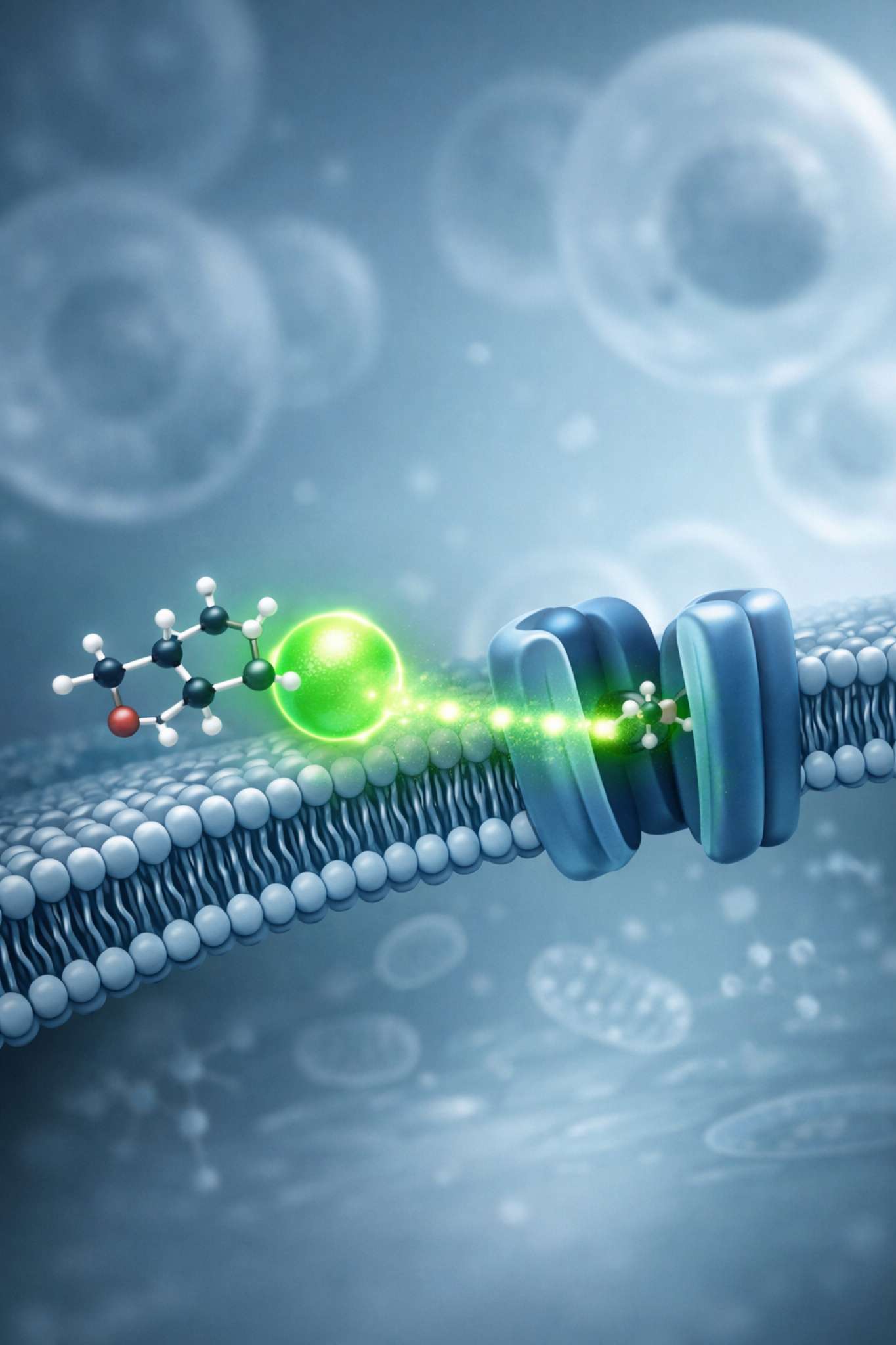 Fluorescent labeled glucose transported across the cell membrane through glucose transporters for cellular uptake and metabolic analysis