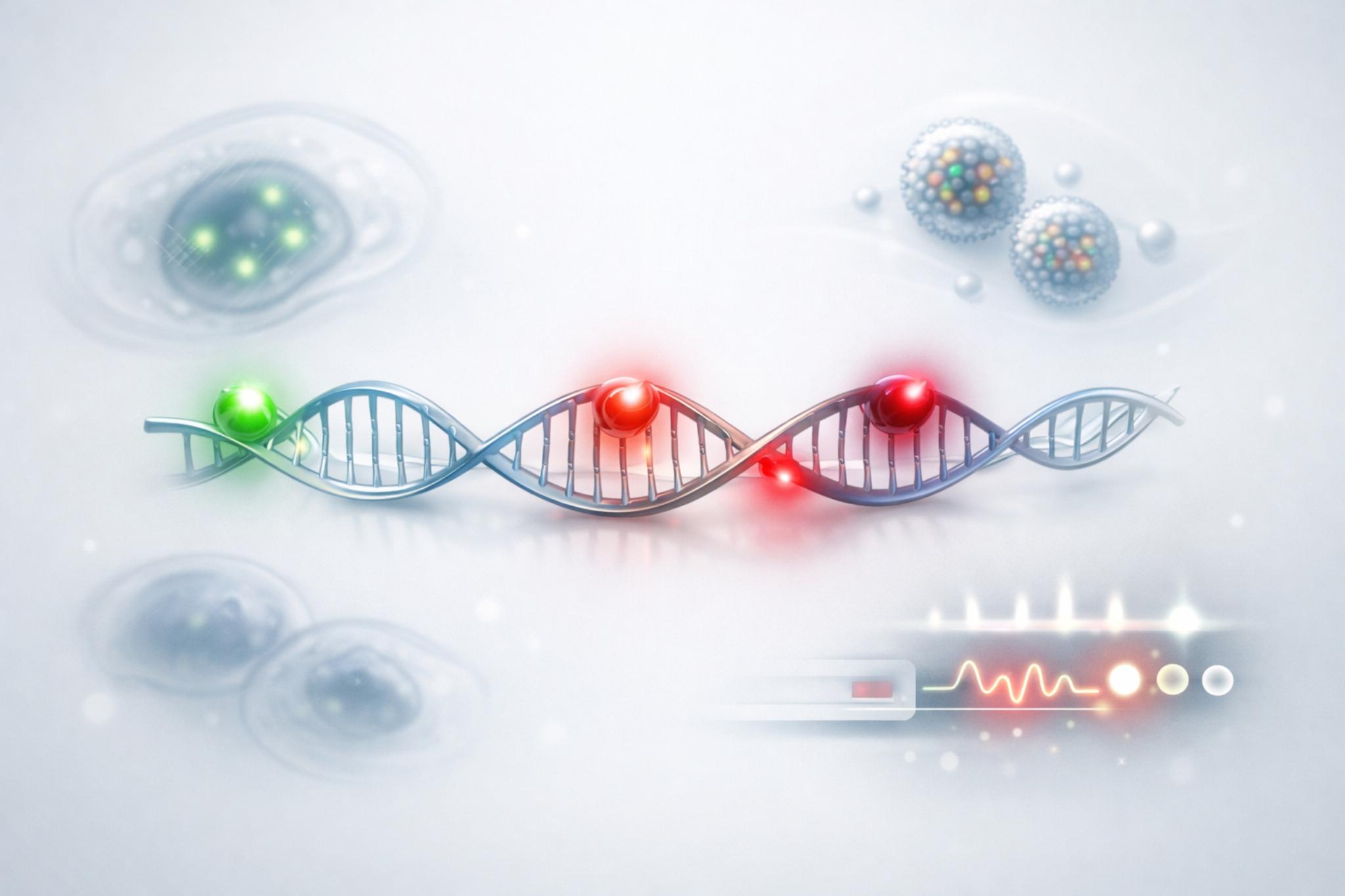 Scientific illustration of fluorescent labeled RNA with multiple fluorophores attached at terminal and internal positions