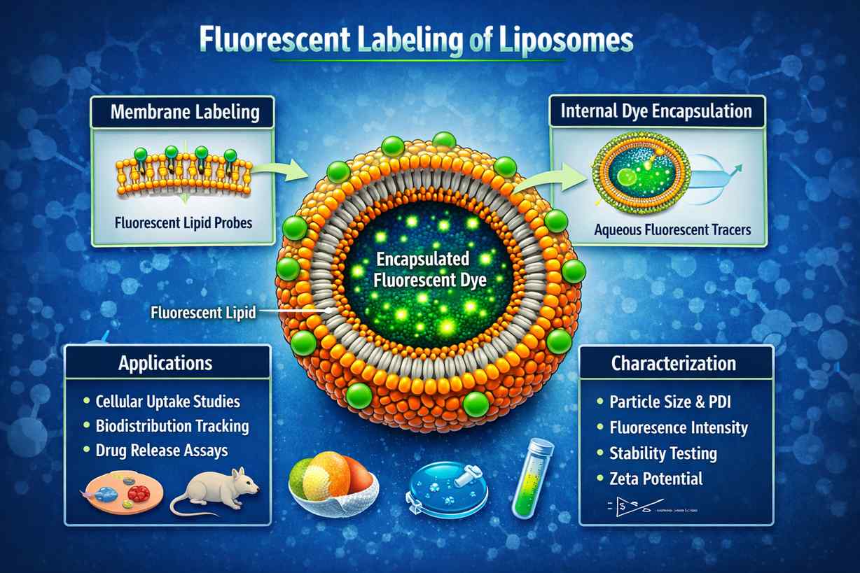 Fluorescently labeled liposomes showing membrane dye incorporation and encapsulated fluorescent tracers for drug delivery and nanomedicine research