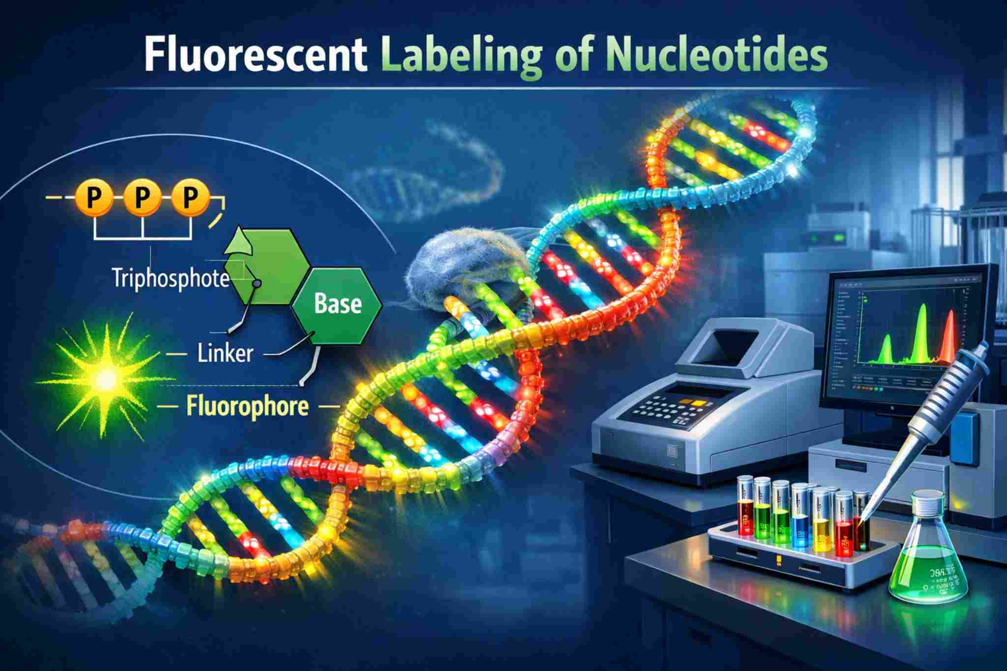 Fluorescently labeled nucleotide structure and incorporation into DNA during qPCR and sequencing workflows