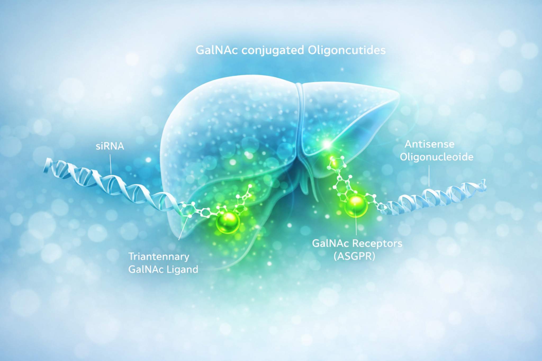 Illustration of GalNAc-conjugated siRNA and antisense oligonucleotides targeting hepatocytes via ASGPR-mediated liver delivery