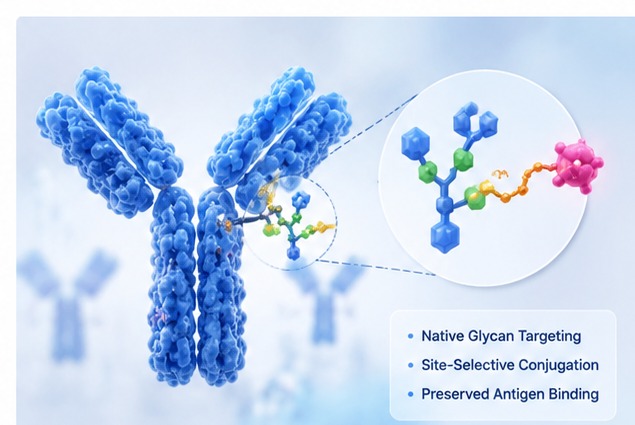 Technical illustration of glycan-directed bioconjugation services.