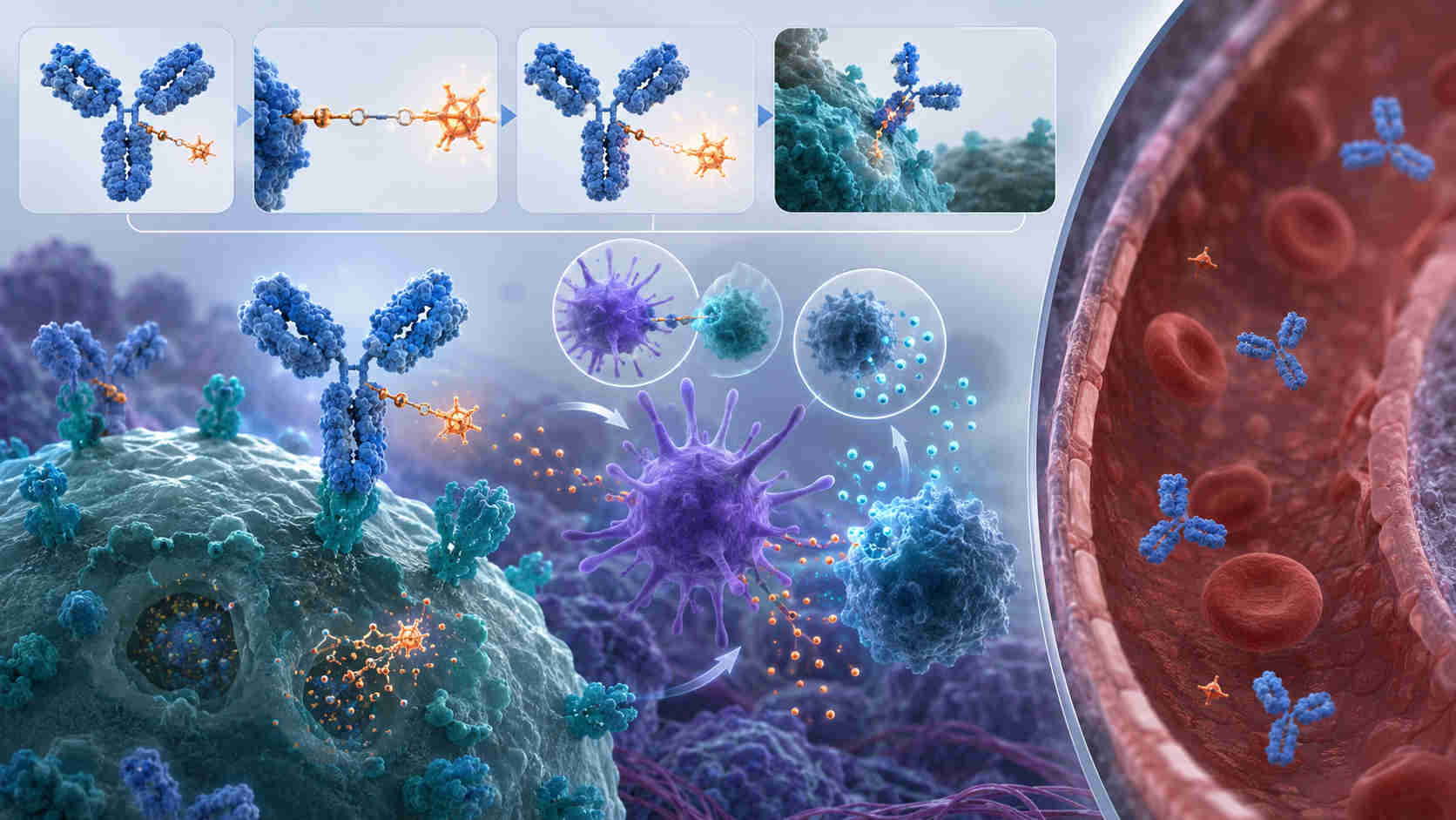 Schematic of immune-stimulating antibody conjugation showing antibody-guided delivery of an immune agonist payload to tumor-associated cells and local myeloid activation