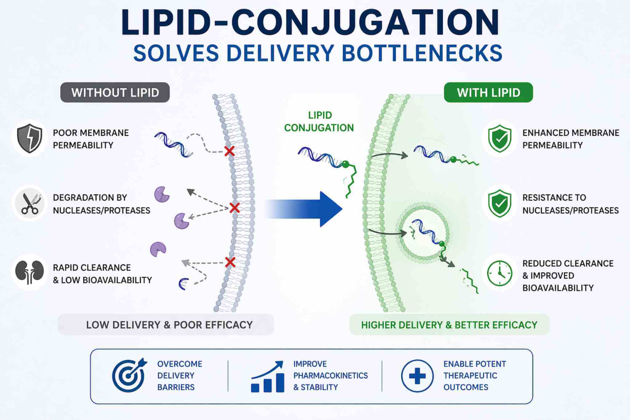 Illustration of unconjugated biomolecules compared with lipid-conjugated oligonucleotide, peptide, and liposome systems showing improved membrane anchoring and delivery behavior