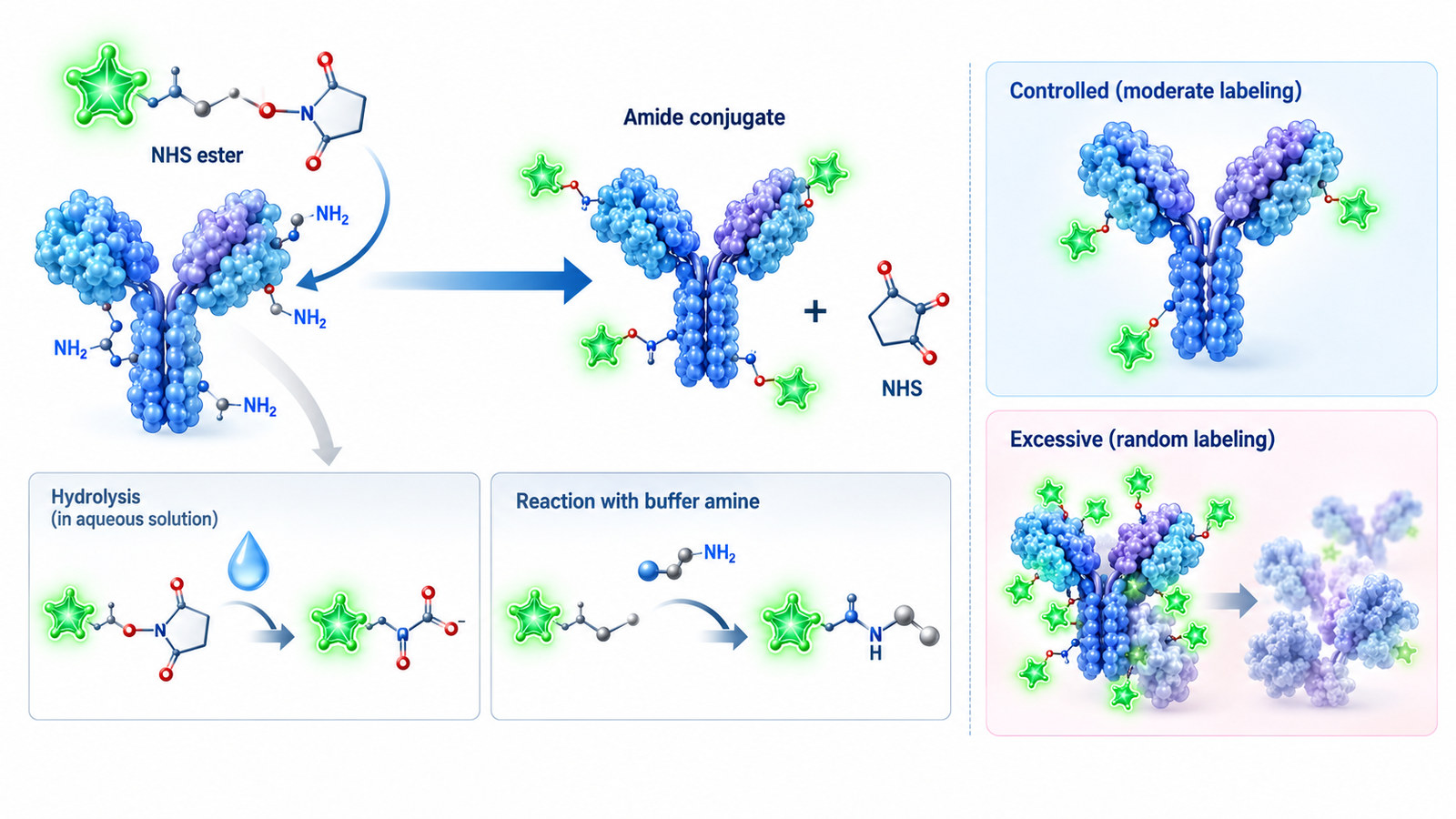 NHS ester conjugation mechanism showing primary amine coupling, stable amide formation, hydrolysis competition, and controlled labeling density