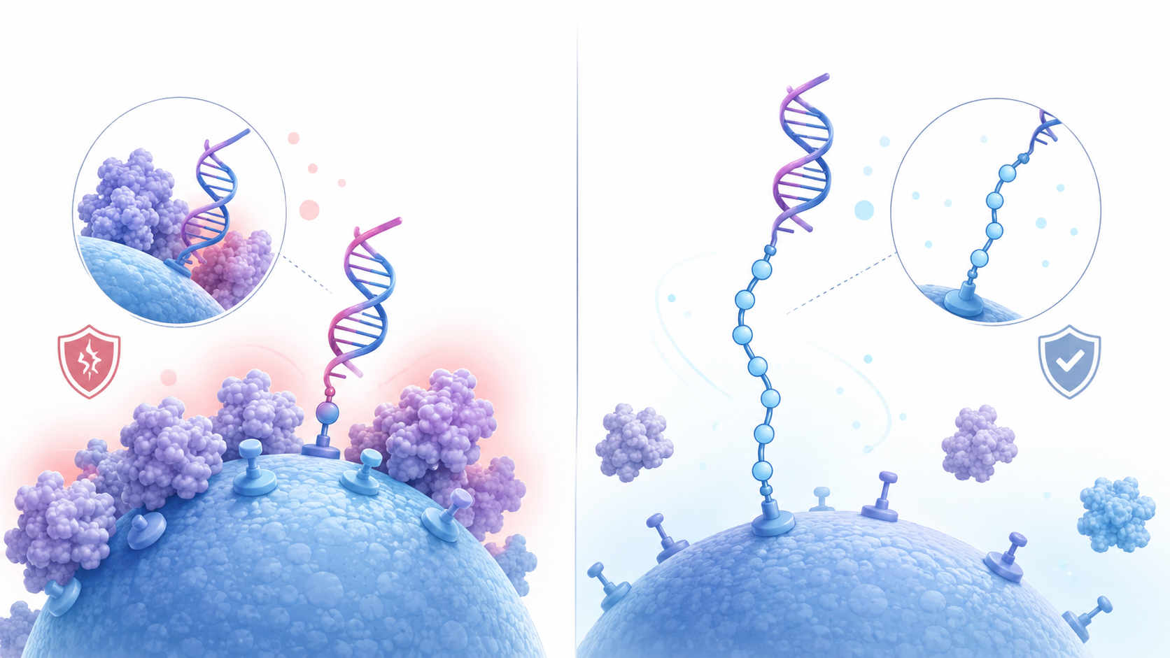 Illustration of PEG conjugated oligonucleotide design improving spacing, stability, and conjugate performance while preserving oligonucleotide accessibility