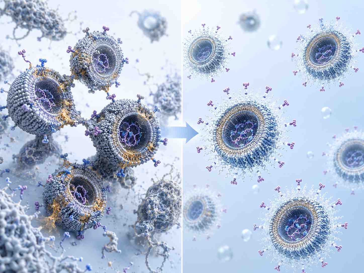 Scientific illustration of PEG lipid coated liposomes and lipid nanoparticles showing steric stabilization, controlled ligand display, and reduced aggregation
