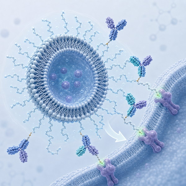 Illustration of a PEGylated immunoliposome with antibody fragments attached to the distal ends of PEG chains, binding a receptor on a target cell