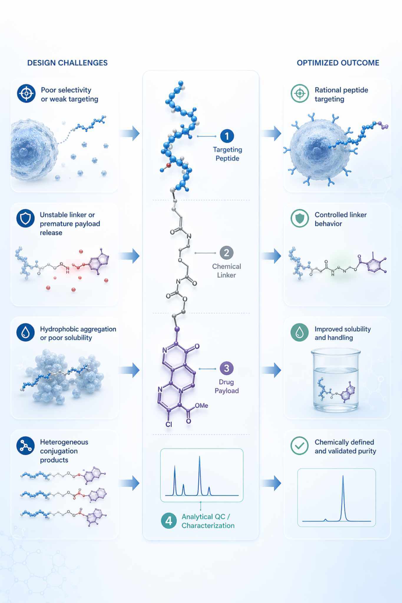 Illustration of peptide-drug conjugation showing targeting peptide, linker, drug payload, and key development challenges such as stability, selectivity, and analytical control.