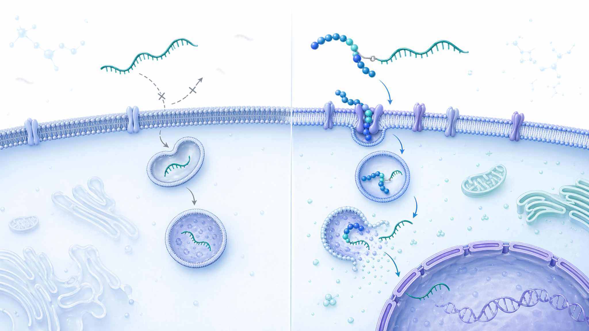Illustration showing a peptide-oligonucleotide conjugate improving cellular uptake and trafficking compared with an unconjugated oligonucleotide