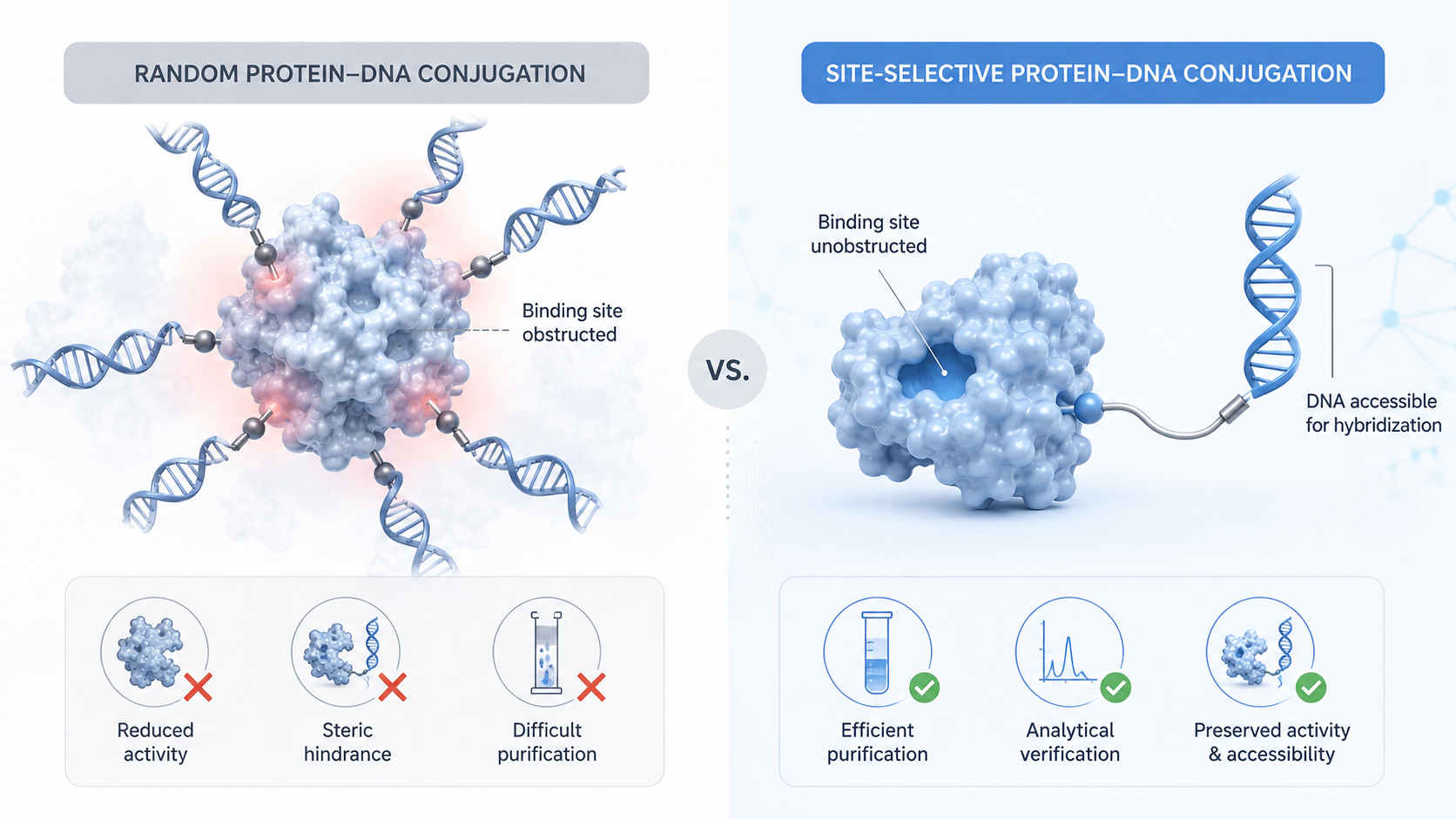 Illustration of protein DNA conjugation workflow comparing uncontrolled random coupling with a defined site-selective conjugate designed for retained protein activity, accessible DNA hybridization, and easier purification