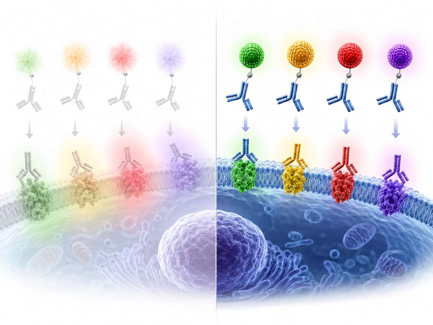 Illustration of antibodies conjugated to different quantum dots enabling bright multiplex detection on cells with improved spectral separation and photostability