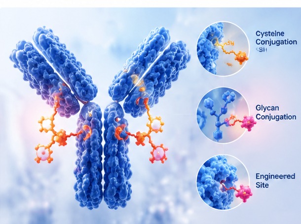Technical illustration of site-specific antibody conjugation services.