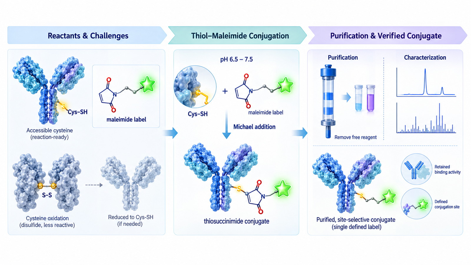 Thiol-maleimide conjugation workflow showing free cysteine preparation, maleimide coupling, site control, purification, and conjugate verification